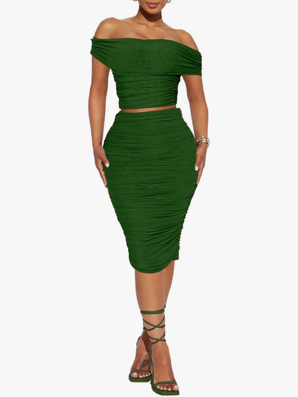Women Two Piece Skirt Set Mesh Off Shoulder Bodycon Ruched Midi Dress Size Small